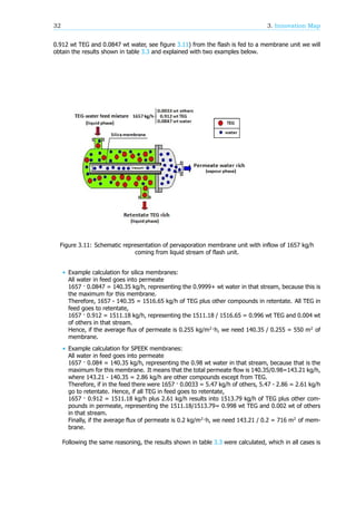 32 3. Innovation Map
0.912 wt TEG and 0.0847 wt water, see figure 3.11) from the flash is fed to a membrane unit we will
obtain the results shown in table 3.3 and explained with two examples below.
Figure 3.11: Schematic representation of pervaporation membrane unit with inflow of 1657 kg/h
coming from liquid stream of flash unit.
• Example calculation for silica membranes:
All water in feed goes into permeate
1657 · 0.0847 = 140.35 kg/h, representing the 0.9999+ wt water in that stream, because this is
the maximum for this membrane.
Therefore, 1657 - 140.35 = 1516.65 kg/h of TEG plus other compounds in retentate. All TEG in
feed goes to retentate,
1657 · 0.912 = 1511.18 kg/h, representing the 1511.18 / 1516.65 = 0.996 wt TEG and 0.004 wt
of others in that stream.
Hence, if the average flux of permeate is 0.255 kg/m ·h, we need 140.35 / 0.255 = 550 m of
membrane.
• Example calculation for SPEEK membranes:
All water in feed goes into permeate
1657 · 0.084 = 140.35 kg/h, representing the 0.98 wt water in that stream, because that is the
maximum for this membrane. It means that the total permeate flow is 140.35/0.98=143.21 kg/h,
where 143.21 - 140.35 = 2.86 kg/h are other compounds except from TEG.
Therefore, if in the feed there were 1657 · 0.0033 = 5.47 kg/h of others, 5.47 - 2.86 = 2.61 kg/h
go to retentate. Hence, if all TEG in feed goes to retentate,
1657 · 0.912 = 1511.18 kg/h plus 2.61 kg/h results into 1513.79 kg/h of TEG plus other com-
pounds in permeate, representing the 1511.18/1513.79= 0.998 wt TEG and 0.002 wt of others
in that stream.
Finally, if the average flux of permeate is 0.2 kg/m ·h, we need 143.21 / 0.2 = 716 m of mem-
brane.
Following the same reasoning, the results shown in table 3.3 were calculated, which in all cases is
 