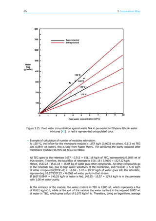 36 3. Innovation Map
Figure 3.15: Feed water concentration against water flux in permeate for Ethylene Glycol- water
mixtures [41]. In red is represented extrapolated data.
• Example of calculation of number of modules estimation:
At 150 °C, the inflow for the membrane module is 1657 kg/h (0.0033 wt others, 0.912 wt TEG
and 0.0847 wt water), this is take from Aspen Hysys. For achieving the purity required after
membrane module (98.95% wt TEG) we follow:
All TEG goes to the retentate 1657 · 0.912 = 1511.18 kg/h of TEG, representing 0.9895 wt of
that stream. Therefore, the total flow of retentate is 1511.18 / 0.9895 = 1527.22 kg/h.
Hence, 1527.22 - 1511.18 = 16.04 kg of water plus other compounds. All other compounds go
to the retentate too, due to high water selectivity of the membrane, 1657·0.0033 = 5.47 kg/h
of other compounds(BTEX etc.). 16.04 - 5.47 = 10.57 kg/h of water goes into the retentate,
representing 10.57/1527.22 = 0.0069 wt water purity in that stream.
If 1657·0.0847 = 140.35 kg/h of water is fed, 140.35 - 10.57 = 129.8 kg/h is in the permeate
with 1.00 wt water purity.
At the entrance of the module, the water content in TEG is 0.085 wt, which represents a flux
of 0.612 kg/m ·h, while at the exit of the module the water content is the required 0.007 wt
of water in TEG, which gives a flux of 0.075 kg/m ·h. Therefore, doing an logarithmic average
 