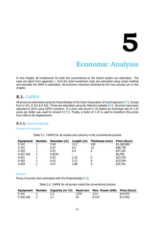 5
Economic Analysis
In this chapter all investments for both the conventional as the hybrid system are estimated. The
sizes are taken from appendix A. First the total investment costs are estimated using Lang’s method
and secondly the OPEX is estimated. All economic reduction achieved by the new process are in this
chapter.
5.1. CAPEX
All prices are estimated using the Prijzenboekje of the Dutch Association of Cost Engineers [47]. Except
from C-101, P-101 & P-202. These are estimated using the Matche’s website [48]. All prices have been
adjusted to 2014 using CEPCI numbers. If a price was found in US dollars an exchange rate of 1.25
euros per dollar was used to convert it [49]. Finally, a factor of 1.25 is used to transform this prices
from USA to EU displacement.
5.1.1. Conventional
Vessels & columns
Table 5.1: CAPEX for all vessels and columns in the conventional process
Equipment Number Diameter (m) Length (m) Thickness (mm) Price (Euro)
C-101 1 2.04 12.2 190 €1,160,000
C-201 1 0.27 6.5 10 €68,738
C-202 1 0.25 0.5 6 €27,236
S-201 A/B 2 0.0254 - - €6,459
V-201 1 0.55 2.22 6 €23,750
V-202 1 0.53 2.12 6 €23,594
V-203 1 0.72 2.88 6 €25,781
Pumps
Prices of pumps were estimated with the Prijzenboekje [47].
Table 5.2: CAPEX for all pumps inside the conventional process
Equipment Number Capacity (m /h) Head mLc Max. Power (kW) Price (Euro)
P-101 2 2.3 1370 13.4 €19,973
P-202 A/B 2 2.7 20 0.155 €11,932
51
 