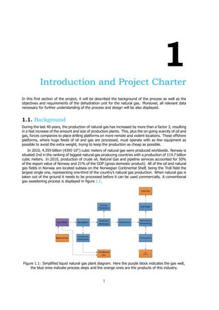 1
Introduction and Project Charter
In this first section of the project, it will be described the background of the process as well as the
objectives and requirements of the dehydration unit for the natural gas. Moreover, all relevant data
necessary for further understanding of the process and design will be also displayed.
1.1. Background
During the last 40 years, the production of natural gas has increased by more than a factor 3, resulting
in a fast increase of the amount and size of production plants. This, plus the on going scarcity of oil and
gas, forces companies to place drilling platforms on more remote and violent locations. These offshore
platforms, where huge feeds of oil and gas are processed, must operate with as few equipment as
possible to avoid the extra weight, trying to keep the production as cheap as possible.
In 2010, 4.359 billion (4395·10 ) cubic meters of natural gas were produced worldwide. Norway is
situated 2nd in the ranking of biggest natural gas producing countries with a production of 114.7 billion
cubic meters. In 2010, production of crude oil, Natural Gas and pipeline services accounted for 50%
of the export value of Norway and 21% of the GDP (gross domestic product). All of the oil and natural
gas fields in Norway are located subsea on the Norwegian Continental Shelf, being the Troll field the
largest single one, representing one-third of the country’s natural gas production. When natural gas is
taken out of the ground it needs to be processed before it can be used commercially. A conventional
gas sweetening process is displayed in figure 1.1.
Figure 1.1: Simplified liquid natural gas plant diagram. Here the purple block indicates the gas well,
the blue ones indicate process steps and the orange ones are the products of this industry.
1
 