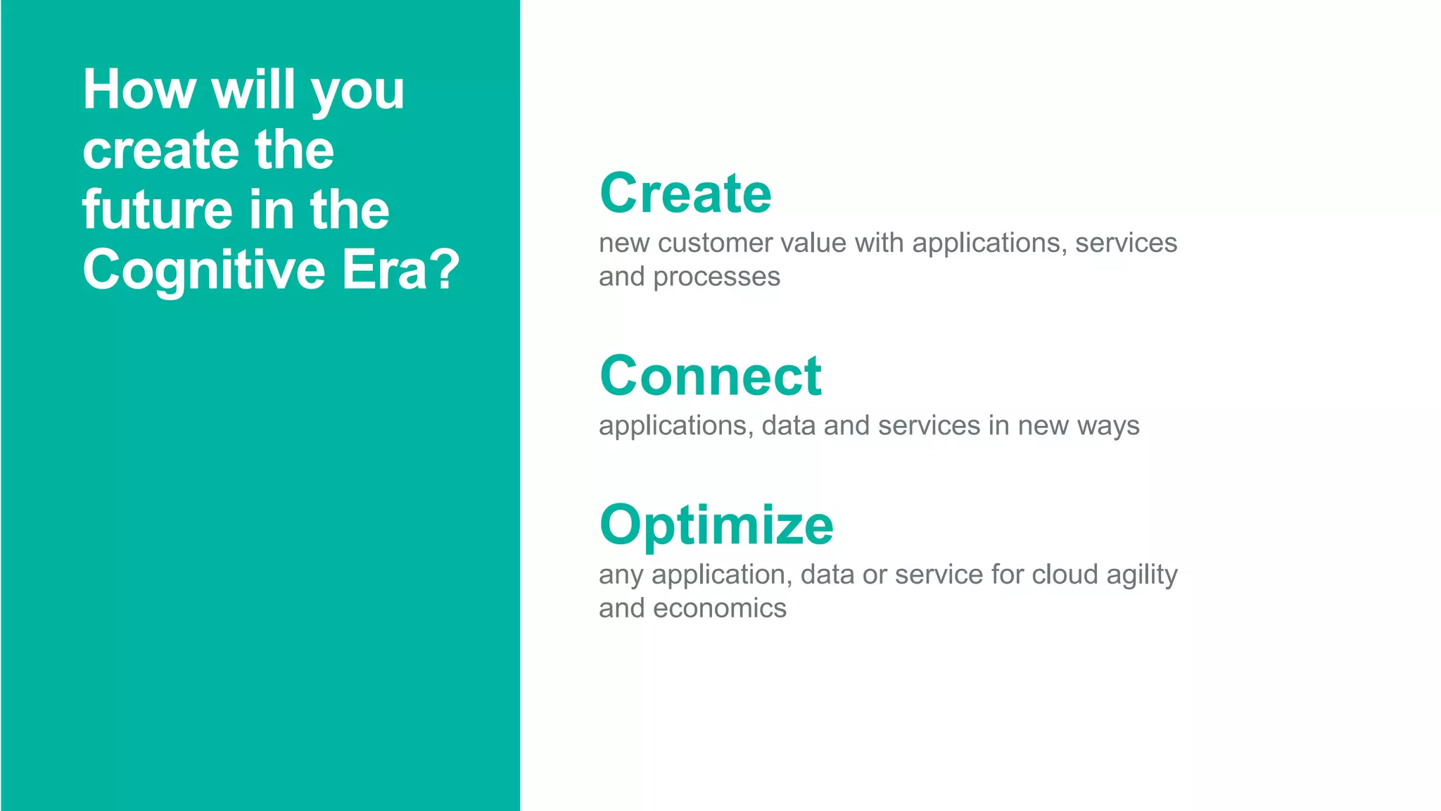 9Page© 2016 IBM Corporation
How will you
create the
future in the
Cognitive Era?
Create
new customer value with applications, services
and processes
Connect
applications, data and services in new ways
Optimize
any application, data or service for cloud agility
and economics
 