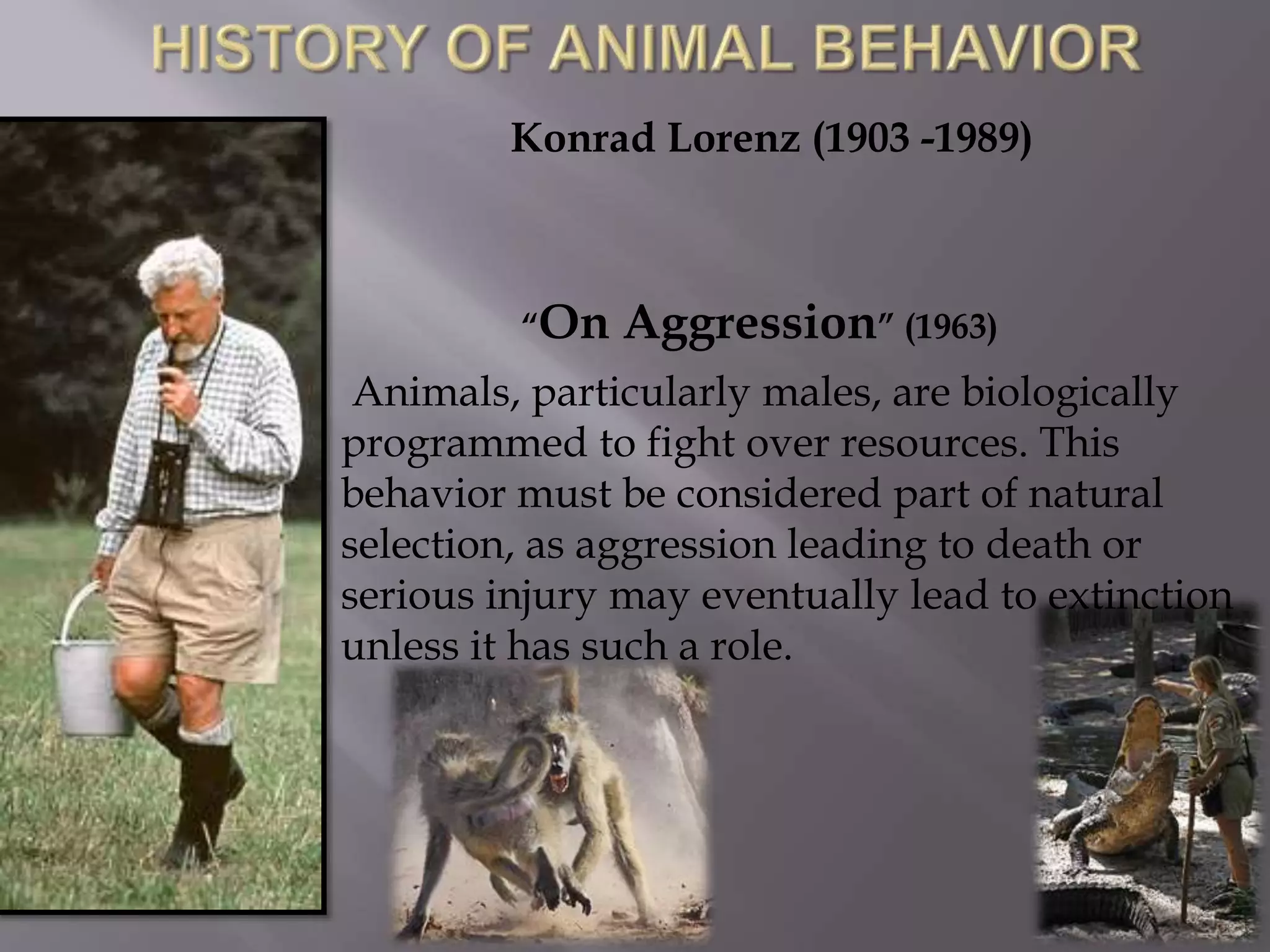 Animals, particularly males, are biologically
programmed to fight over resources. This
behavior must be considered part of natural
selection, as aggression leading to death or
serious injury may eventually lead to extinction
unless it has such a role.
Konrad Lorenz (1903 -1989)
“On Aggression” (1963)
 