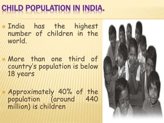 CHILD POPULATION IN INDIA.
 India has the highest
number of children in the
world.
 More than one third of
country’s population is below
18 years
 Approximately 40% of the
population (around 440
million) is children
 