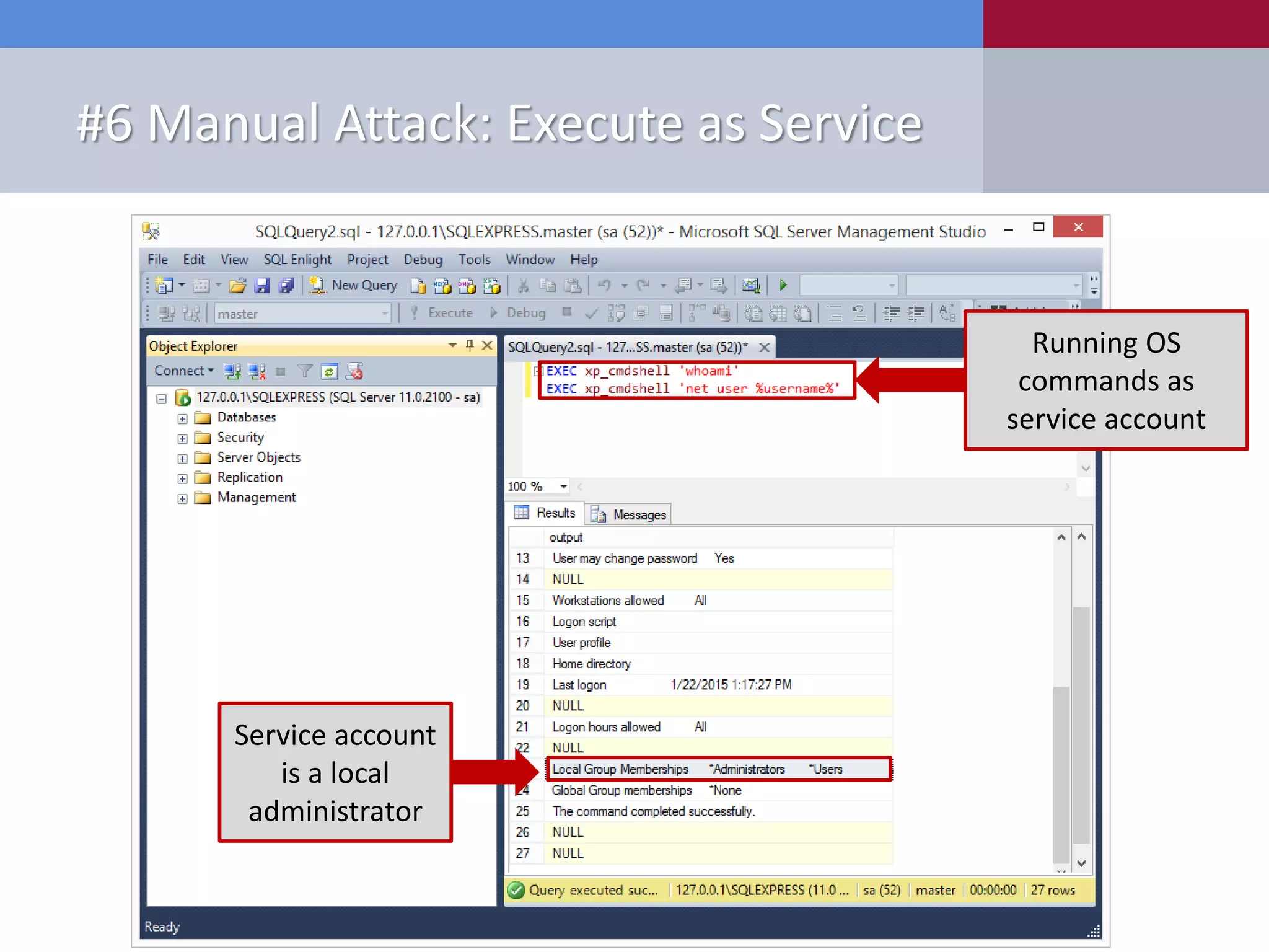 #6 Manual Attack: Execute as Service Running OS commands as service account Service account is a local administrator 