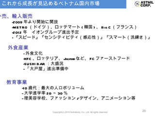 これから成長が見込めるベトナム国内市場 小売、輸入販売 -2009 年より開始に開放 -METRO （ドイツ）、ロッテマート ( 韓国 ) 、 Big C （フランス） -2012 年　イオングループ進出予定 - 『スピード』『センシティビティ（感応性）』『スマート（洗練さ）』 外食産業 - 外食文化 -KFC 、ロッテリア、 Jollybee など、 FC ファーストフード -SUSHIBAR ：大盛況 - 「大戸屋」進出準備中 教育事業 -10 歳代：最大の人口ボリューム - 大学進学率 20 ～ 30 ％ - 理美容学校、ファッション / デザイン、アニメーション等 