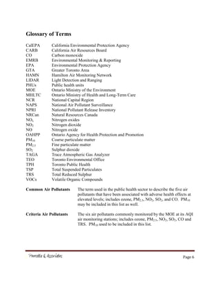 Page 6
Glossary of Terms
CalEPA California Environmental Protection Agency
CARB California Air Resources Board
CO Carbon monoxide
EMRB Environmental Monitoring & Reporting
EPA Environmental Protection Agency
GTA Greater Toronto Area
HAMN Hamilton Air Monitoring Network
LIDAR Light Detection and Ranging
PHUs Public health units
MOE Ontario Ministry of the Environment
MHLTC Ontario Ministry of Health and Long-Term Care
NCR National Capital Region
NAPS National Air Pollutant Surveillance
NPRI National Pollutant Release Inventory
NRCan Natural Resources Canada
NOx Nitrogen oxides
NO2 Nitrogen dioxide
NO Nitrogen oxide
OAHPP Ontario Agency for Health Protection and Promotion
PM10 Coarse particulate matter
PM2.5 Fine particulate matter
SO2 Sulphur dioxide
TAGA Trace Atmospheric Gas Analyzer
TEO Toronto Environmental Office
TPH Toronto Public Health
TSP Total Suspended Particulates
TRS Total Reduced Sulphur
VOCs Volatile Organic Compounds
Common Air Pollutants The term used in the public health sector to describe the five air
pollutants that have been associated with adverse health effects at
elevated levels; includes ozone, PM2.5, NO2, SO2, and CO. PM10
may be included in this list as well.
Criteria Air Pollutants The six air pollutants commonly monitored by the MOE at its AQI
air monitoring stations; includes ozone, PM2.5, NO2, SO2, CO and
TRS. PM10 used to be included in this list.
 