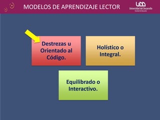 MODELOS DE APRENDIZAJE LECTOR
Destrezas u
Orientado al
Código.
Holístico o
Integral.
Equilibrado o
Interactivo.