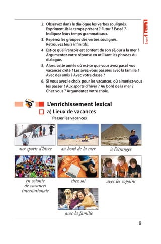 a) Lieux de vacances
Passer les vacances
2. Observez dans le dialogue les verbes soulignés.
Expriment-ils le temps présent ? Futur ? Passé ?
Indiquez leurs temps grammaticaux.
3. Repérez les groupes des verbes soulignés.
Retrouvez leurs infinitifs.
4. Est-ce que François est content de son séjour à la mer ?
Argumentez votre réponse en utilisant les phrases du
dialogue.
5. Alors, cette année où est-ce que vous avez passé vos
vacances d’été ? Les avez-vous passées avec la famille ?
Avec des amis ? Avec votre classe ?
6. Si vous avez le choix pour les vacances, où aimeriez-vous
les passer ? Aux sports d’hiver ? Au bord de la mer ?
Chez vous ? Argumentez votre choix.
L’enrichissement lexical
avec la famille
en colonie
de vacances
internationale
chez soi avec les copains
aux sports d’hiver au bord de la mer à l’étranger Unité1Leçon1
9
 