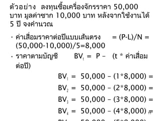 ตัว อย่า ง ลงทุนซื้อเครื่องจักรราคา 50,000
บาท มูลค่าซาก 10,000 บาท หลังจากใช้งานได้
5 ปี จงคำานวณ
• ค่าเสือมราคาต่อปีแบบเส้นตรง
        ่                      = (P-L)/N =
  (50,000-10,000)/5=8,000
• ราคาตามบัญชี       BVt = P – (t * ค่าเสือม
                                          ่
  ต่อปี)
                BV1 = 50,000 – (1*8,000) =
              BV2 = 50,000 – (2*8,000) =
              BV3 = 50,000 – (3*8,000) =
              BV4 = 50,000 – (4*8,000) 11
                                       =
 