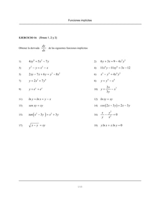 Funciones implícitas
150
EJERCICIO 16 (Áreas 1, 2 y 3)
Obtener la derivada de las siguientes funciones implícitas:
dy
dx
1) 2)
8 2
4 5 7xy x y= − 2 3
6 3 9 4y x x y+ = −
3) 4)
2 2
y y x x− = − 6 6
11 11 3 12x y xy x− = −
5) 6)
3 5
2 7 6 8xy x y y x− + = − 3 4 6 2
4x y x y− =
7) 8)
3 6
2 7y x y= + 4 4
y y x= −
9) 10)
x y
y e e= + 72
3
x
y x
y
= −
11) 12)ln y ln x y x+ = − ln xy xy=
13) 14)sen xy xy= ( )2 3 2 3cos x y x y− = −
15) 16)( )2 2
3 3tan x y x y− = +
2
2
0
x y
y x
− =
17) 18)x y xy− = 0yln x x ln y+ =
 
