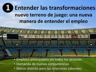 • Empleos amenazados en todos los sectores
• Demanda de nuevas competencias
• Marco distinto para las relaciones laborales...