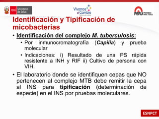 ESNPCT
Identificación y Tipificación de
micobacterias
• Identificación del complejo M. tuberculosis:
• Por inmunocromatografía (Capilia) y prueba
molecular
• Indicaciones: i) Resultado de una PS rápida
resistente a INH y RIF ii) Cultivo de persona con
VIH.
• El laboratorio donde se identifiquen cepas que NO
pertenecen al complejo MTB debe remitir la cepa
al INS para tipificación (determinación de
especie) en el INS por pruebas moleculares.
 