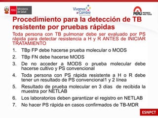 ESNPCT
Procedimiento para la detección de TB
resistente por pruebas rápidas
Toda persona con TB pulmonar debe ser evaluado por PS
rápida para detectar resistencia a H y R ANTES de INICIAR
TRATAMIENTO
1. TBp FP debe hacerse prueba molecular o MODS
2. TBp FN debe hacerse MODS
3. De no acceder a MODS o prueba molecular debe
hacerse cultivo y PS convencional
4. Toda persona con PS rápida resistente a H o R debe
tener un resultado de PS convencional1 y 2 línea
5. Resultado de prueba molecular en 3 días de recibida la
muestra por NETLAB
6. Los laboratorios deben garantizar el registro en NETLAB
7. No hacer PS rápida en casos confirmados de TB-MDR
 