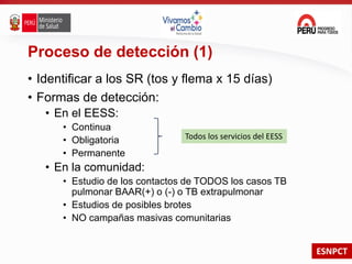ESNPCT
Proceso de detección (1)
• Identificar a los SR (tos y flema x 15 días)
• Formas de detección:
• En el EESS:
• Continua
• Obligatoria
• Permanente
• En la comunidad:
• Estudio de los contactos de TODOS los casos TB
pulmonar BAAR(+) o (-) o TB extrapulmonar
• Estudios de posibles brotes
• NO campañas masivas comunitarias
Todos los servicios del EESS
 