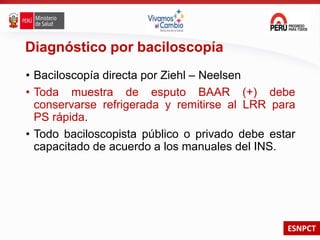 ESNPCT
Diagnóstico por baciloscopía
• Baciloscopía directa por Ziehl – Neelsen
• Toda muestra de esputo BAAR (+) debe
conservarse refrigerada y remitirse al LRR para
PS rápida.
• Todo baciloscopista público o privado debe estar
capacitado de acuerdo a los manuales del INS.
 