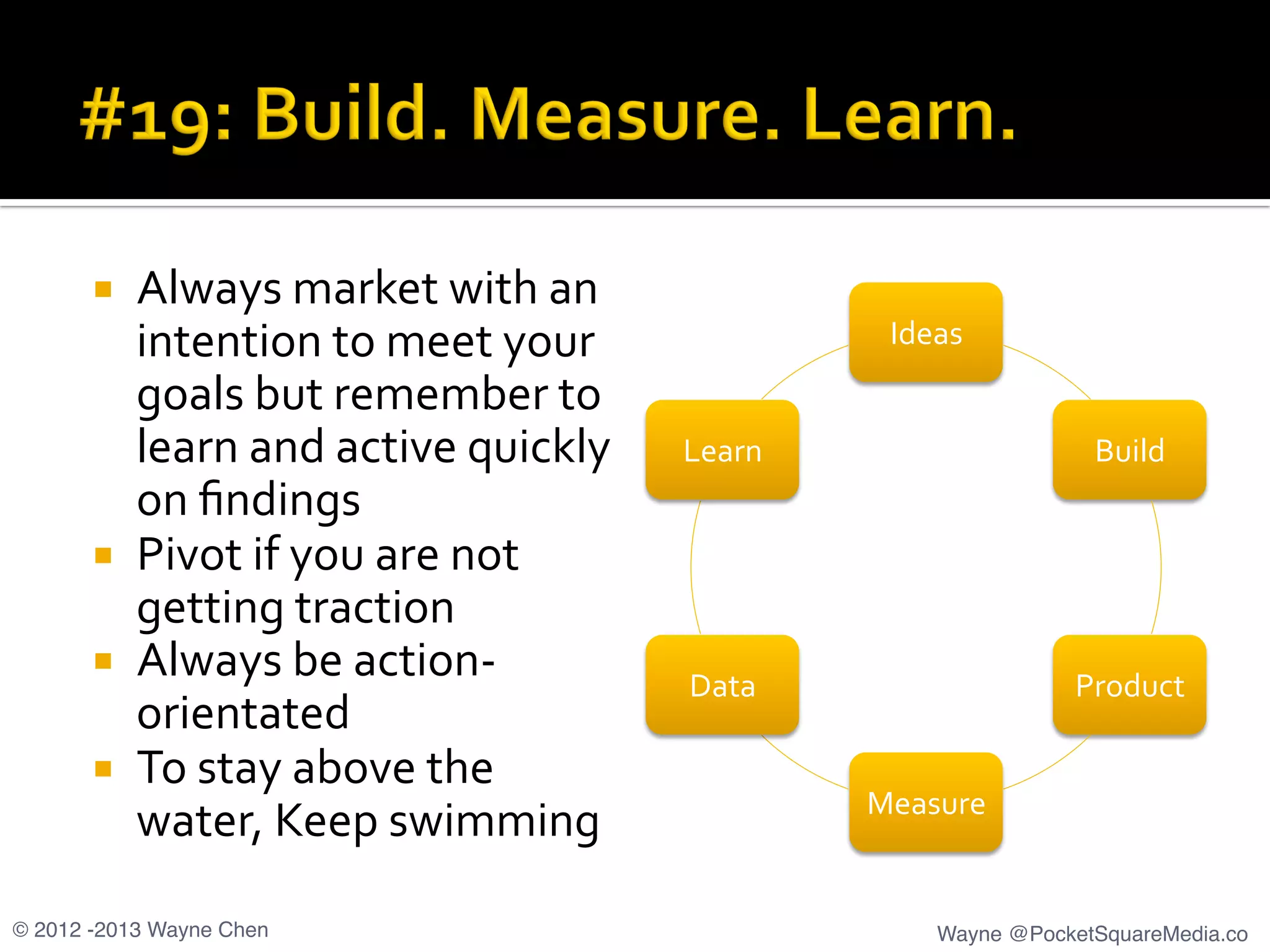 ¡  Always	
  market	
  with	
  an	
  
intention	
  to	
  meet	
  your	
  
goals	
  but	
  remember	
  to	
  
learn	
  and	
  active	
  quickly	
  
on	
  ﬁndings	
  
¡  Pivot	
  if	
  you	
  are	
  not	
  
getting	
  traction	
  
¡  Always	
  be	
  action-­‐
orientated	
  
¡  To	
  stay	
  above	
  the	
  
water,	
  Keep	
  swimming	
  
Ideas	
  
Build	
  
Product	
  
Measure	
  
Data	
  
Learn	
  
© 2012 -2013 Wayne Chen! Wayne @PocketSquareMedia.co!
 