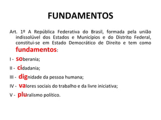 FUNDAMENTOS
Art. 1º A República Federativa do Brasil, formada pela união
indissolúvel dos Estados e Municípios e do Distrito Federal,
constitui-se em Estado Democrático de Direito e tem como
fundamentos:
I - soberania;
II - cidadania;
III - dignidade da pessoa humana;
IV - valores sociais do trabalho e da livre iniciativa;
V - pluralismo político.
 
