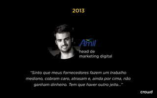 2013
head de
marketing digital
“Sinto que meus fornecedores fazem um trabalho
mediano, cobram caro, atrasam e, ainda por cima, não
ganham dinheiro. Tem que haver outro jeito…”
 