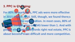 3. PPC is Changing:
For 80% of marketers, PPC ads were more effective
in 2015 than in 2014. Still, though, we found there;s
always room for optimization. In most cases, 80% of
the PPC budget gives a ROAS lower than 1. And with
google eliminating AdWords right real estate, PPC is
about become more difficult and more competitive.
 
