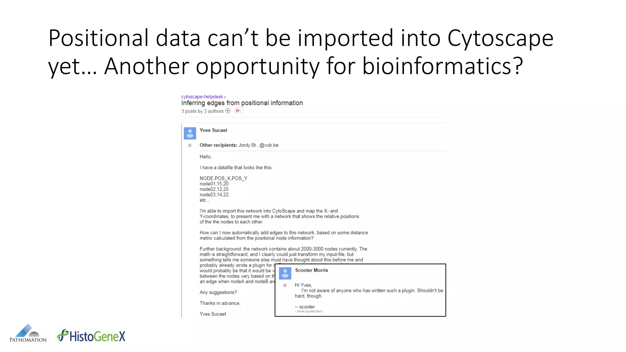 Positional data can’t be imported into Cytoscape
yet… Another opportunity for bioinformatics?
 