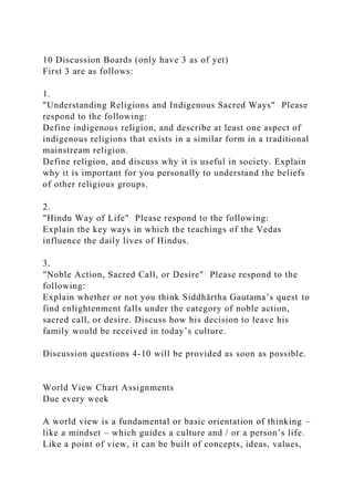 10 Discussion Boards (only have 3 as of yet)
First 3 are as follows:
1.
"Understanding Religions and Indigenous Sacred Ways" Please
respond to the following:
Define indigenous religion, and describe at least one aspect of
indigenous religions that exists in a similar form in a traditional
mainstream religion.
Define religion, and discuss why it is useful in society. Explain
why it is important for you personally to understand the beliefs
of other religious groups.
2.
"Hindu Way of Life" Please respond to the following:
Explain the key ways in which the teachings of the Vedas
influence the daily lives of Hindus.
3.
"Noble Action, Sacred Call, or Desire" Please respond to the
following:
Explain whether or not you think Siddhārtha Gautama’s quest to
find enlightenment falls under the category of noble action,
sacred call, or desire. Discuss how his decision to leave his
family would be received in today’s culture.
Discussion questions 4-10 will be provided as soon as possible.
World View Chart Assignments
Due every week
A world view is a fundamental or basic orientation of thinking –
like a mindset – which guides a culture and / or a person’s life.
Like a point of view, it can be built of concepts, ideas, values,
 