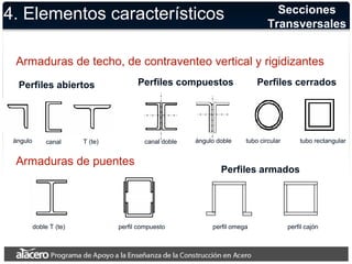 4. Elementos característicos 
Secciones 
Transversales 
Armaduras de techo, de contraventeo vertical y rigidizantes 
Perfiles abiertos 
ángulo canal T (te) 
Perfiles cerrados 
tubo circular tubo rectangular 
Perfiles compuestos 
canal doble ángulo doble 
Armaduras de puentes 
doble T (te) perfil compuesto 
Perfiles armados 
perfil omega perfil cajón 
 