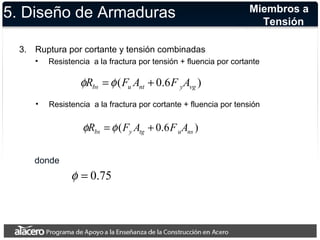 5. Diseño de Armaduras 
3. Ruptura por cortante y tensión combinadas 
• Resistencia a la fractura por tensión + fluencia por cortante 
( 0.6 ) bs u nt y vg fR =f F A + F A 
Miembros a 
Tensión 
• Resistencia a la fractura por cortante + fluencia por tensión 
( 0.6 ) bs y tg u ns fR =f F A + F A 
donde 
f = 0.75 
 