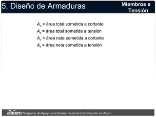 5. Diseño de Armaduras 
Avg = área total sometida a cortante 
Atg = área total sometida a tensión 
Ans = área neta sometida a cortante 
Ant = área neta sometida a tensión 
Miembros a 
Tensión 
 