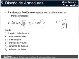 5. Diseño de Armaduras 
• Pandeo por flexión (elementos con doble simetría) 
– Pandeo inelástico: 
y 
F 
é 
Si KL £ 4,71 : = 0,658 
F 
e 
cr 
E 
y 
ù 
F F 
F 
r 
y 
ú ú 
û 
ê ê 
ë 
Miembros a 
Compresión 
2 
2 
F p 
E e 
KL 
ö çè 
÷ø 
æ 
= 
r 
donde 
L : longitud del miembro 
K : factor de esbeltez 
r : radio de giro 
E : módulo de Young 
Fy : esfuerzo de fluencia 
Fe : esfuerzo de Euler 
 
