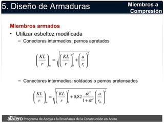 5. Diseño de Armaduras 
Miembros armados 
• Utilizar esbeltez modificada 
– Conectores intermedios: pernos apretados 
2 2 
æ 
+ ÷ø 
0 
ö 
÷ ÷ø 
ç çè 
æ = ÷ø 
KL 
ö çè 
KL 
çè 
æ 
ö a 
r 
r 
m i r 
Miembros a 
Compresión 
– Conectores intermedios: soldados o pernos pretensados 
2 
æ 
a 
a 
0 , 82 2 
÷ ÷ø 
2 2 
0 1 
ö 
ç çè 
+ 
KL 
ö çè 
+ ÷ø 
KL 
ö çè 
æ = ÷ø 
æ 
r 
r 
m ib r 
a 
 