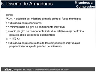 5. Diseño de Armaduras 
Miembros a 
Compresión 
donde 
(KL/r)0 = esbeltez del miembro armado como si fuese monolítico 
a = distancia entre conectores 
ri = mínimo radio de giro de componente individual 
rib = radio de giro de componente individual relativo a eje centroidal 
paralelo al eje de pandeo del miembro 
a = h/(2 rib) 
h = distancia entre centroides de los componentes individuales 
perpendicular al eje de pandeo del miembro 
 