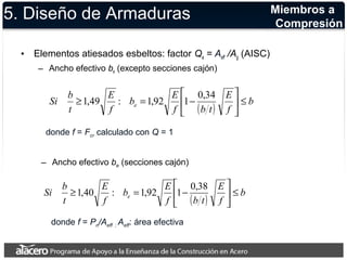 5. Diseño de Armaduras 
• Elementos atiesados esbeltos: factor Qa = Aeff /Ag (AISC) 
– Ancho efectivo be (excepto secciones cajón) 
é 
úû 
Si b ³1,49 : =1,92 1- 0,34 
E 
£ e ( ) b 
f 
b E 
f b t 
E 
f 
t 
ù 
êë 
Miembros a 
Compresión 
– Ancho efectivo be (secciones cajón) 
é 
úû 
Si b ³1,40 : =1,92 1- 0,38 
E 
£ e ( ) b 
f 
b E 
f b t 
E 
f 
t 
ù 
êë 
donde f = Fcr calculado con Q = 1 
donde f = Pn/Aeff ; Aeff: área efectiva 
 