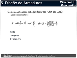 5. Diseño de Armaduras 
• Elementos atiesados esbeltos: factor Qa = Aeff /Ag (AISC) 
– Secciones circulares 
Miembros a 
Compresión 
Q Q E 
E 
D 
Si E 
0,11 < < 0,45 : = = 0,038 + 2 
( ) 3 
F D t 
F 
t 
F 
y 
a 
y y 
donde 
t = espesor 
D = díámetro 
 