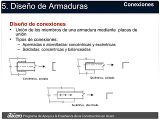 5. Diseño de Armaduras 
Diseño de conexiones 
• Unión de los miembros de una armadura mediante placas de 
unión 
• Tipos de conexiones: 
– Apernadas o atornilladas: concéntricas y excéntricas 
– Soldadas: concéntricas y balanceadas 
Conexiones 
 