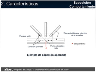 2. Características Suposición 
Comportamiento 
Placa de unión 
Ejes centroidales de miembros 
de la armadura 
Punto articulado o 
nodo 
Conexión apernada 
P 
Ejemplo de conexión apernada 
P: carga externa 
 