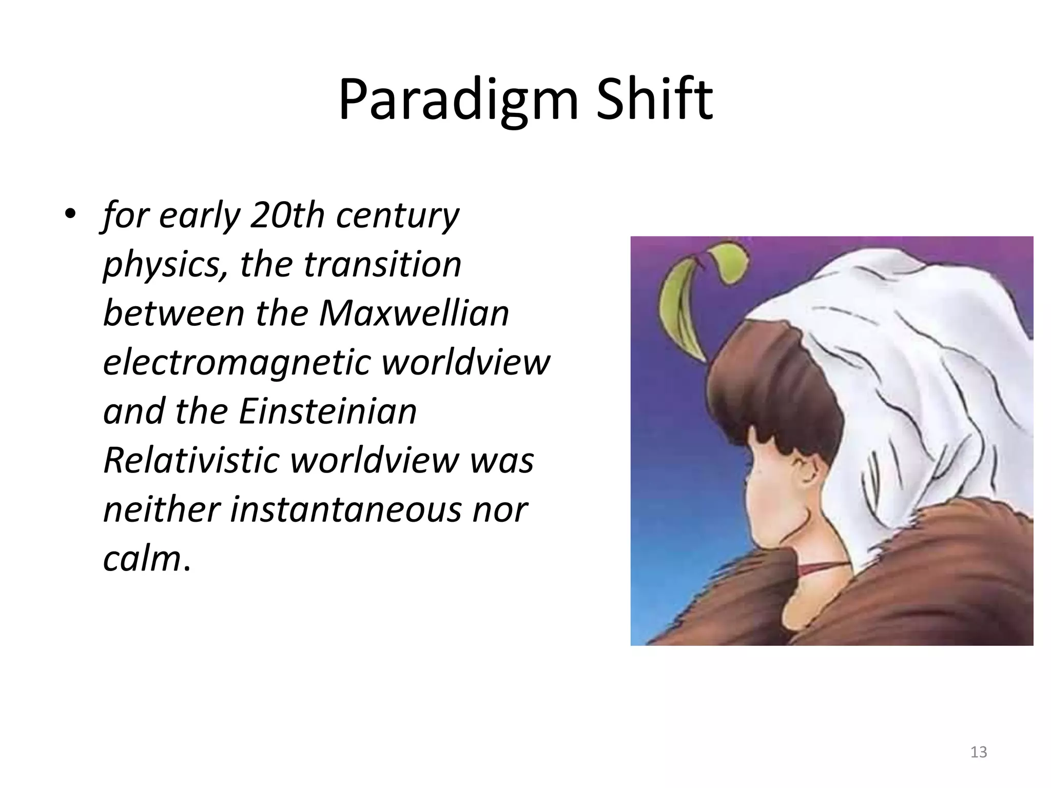 Paradigm Shift13for early 20th century physics, the transition between the Maxwellianelectromagnetic worldview and the EinsteinianRelativistic worldview was neither instantaneous nor calm.