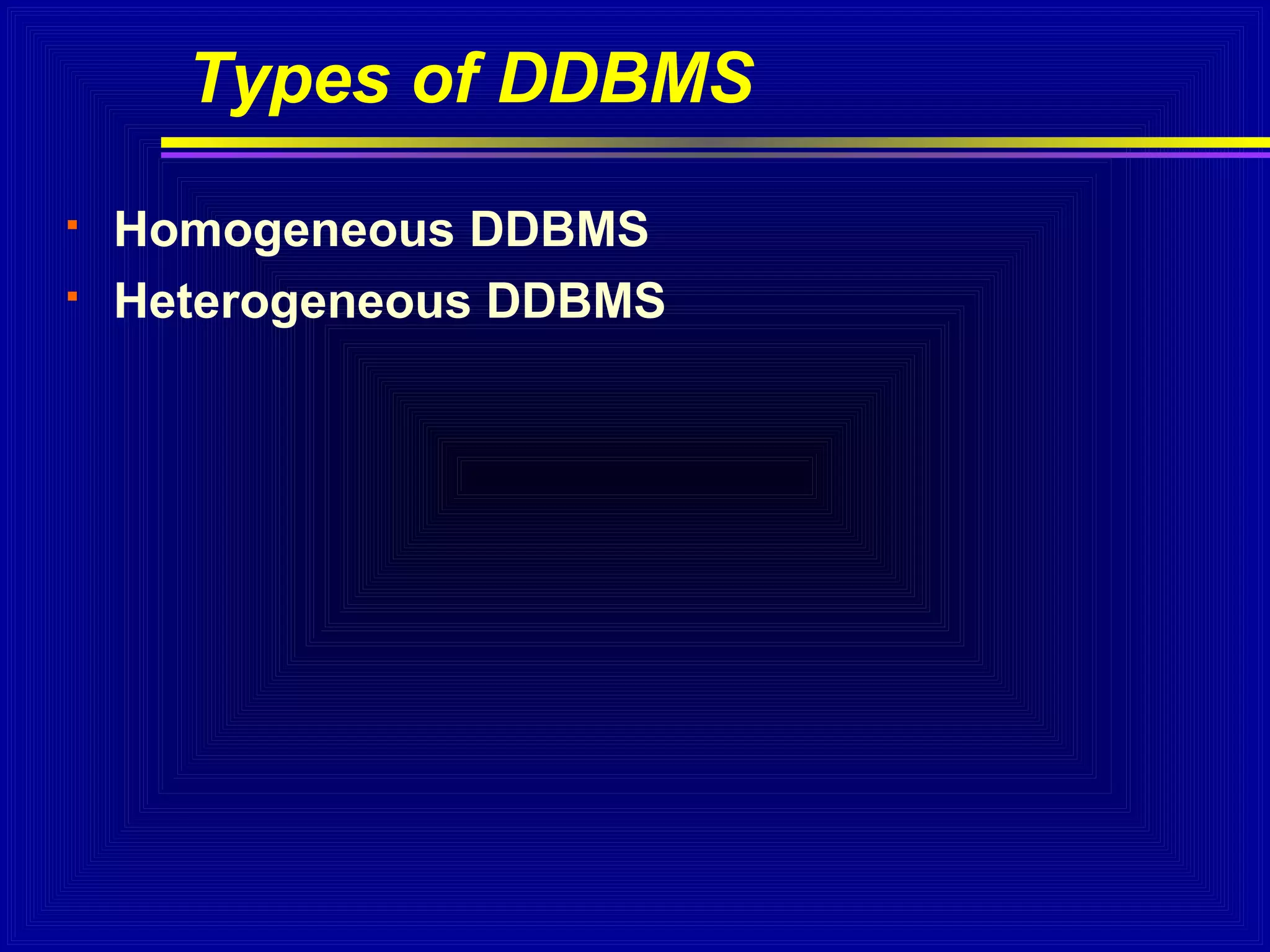 Types of DDBMS



Homogeneous DDBMS
Heterogeneous DDBMS

 