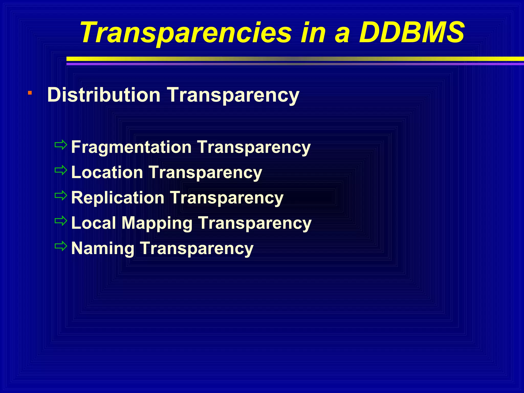 Transparencies in a DDBMS


Distribution Transparency
Fragmentation Transparency
Location Transparency
Replication Transparency
Local Mapping Transparency
Naming Transparency

 
