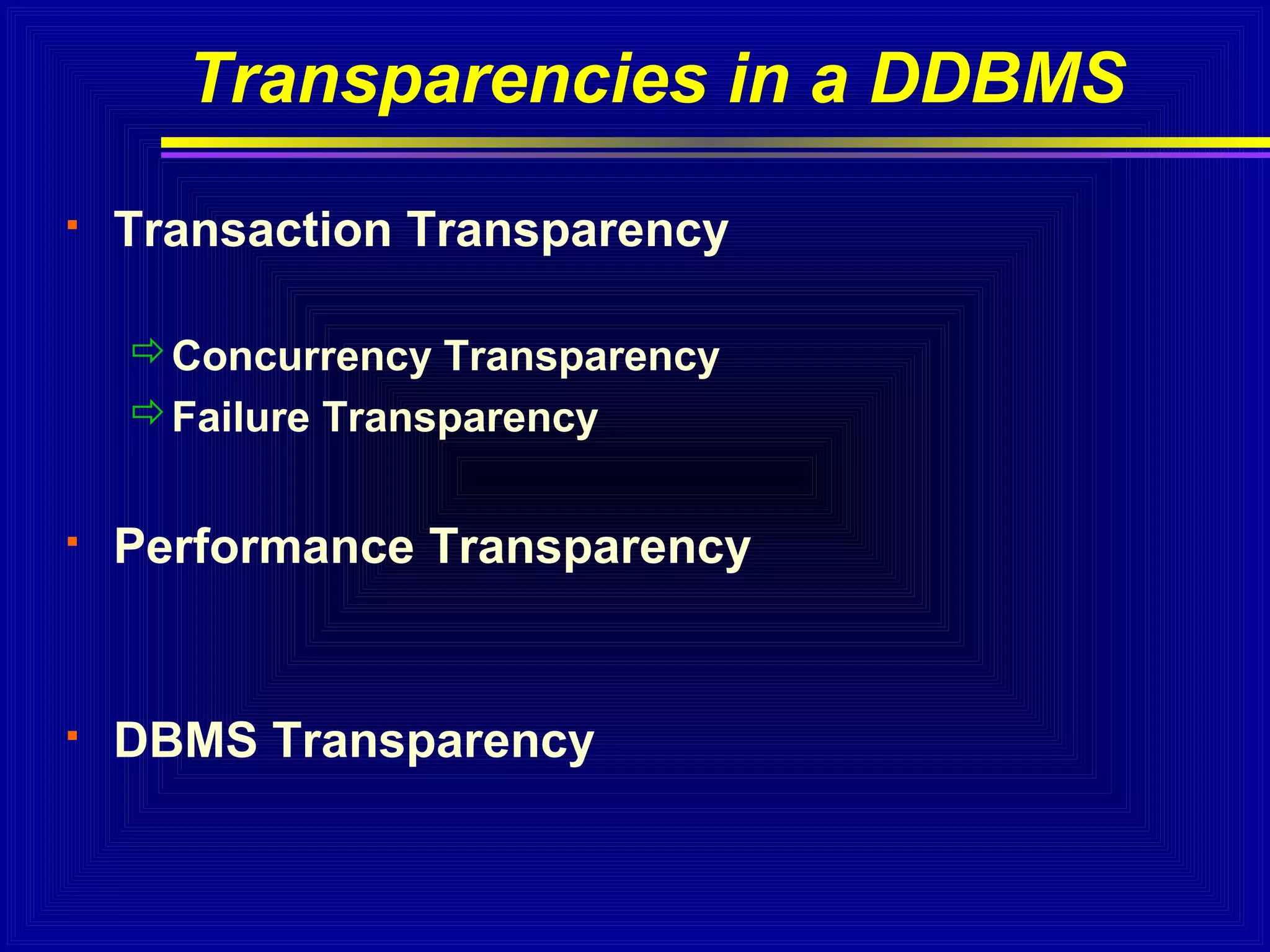 Transparencies in a DDBMS


Transaction Transparency
Concurrency Transparency
Failure Transparency



Performance Transparency



DBMS Transparency

 
