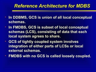 Reference Architecture for MDBS








In DDBMS, GCS is union of all local conceptual
schemas.
In FMDBS, GCS is subset of local conceptual
schemas (LCS), consisting of data that each
local system agrees to share.
GCS of tightly coupled system involves
integration of either parts of LCSs or local
external schemas.
FMDBS with no GCS is called loosely coupled.

 