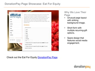 DonationPay Page Showcase: Eat For Equity
Check out the Eat For Equity DonationPay Page
Why We Love Their
Page
• Unusual page layout
with striking
background image.
• Short form with
multiple recurring-gift
options.
• Spare design that
features social media
engagement.
 