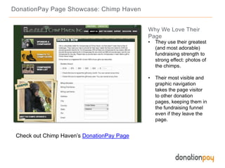DonationPay Page Showcase: Chimp Haven
Check out Chimp Haven’s DonationPay Page
Why We Love Their
Page
• They use their greatest
(and most adorable)
fundraising strength to
strong effect: photos of
the chimps.
• Their most visible and
graphic navigation
takes the page visitor
to other donation
pages, keeping them in
the fundraising funnel
even if they leave the
page.
 