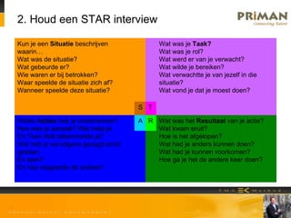 2. Houd een STAR interview
Wat was het Resultaat van je actie?
Wat kwam eruit?
Hoe is het afgelopen?
Wat had je anders kunnen doen?
Wat had je kunnen voorkomen?
Hoe ga je het de andere keer doen?
RAWelke Acties heb je ondernemen?
Hoe was je aanpak? Wat hielp je
En Toen Wat belemmerde je?
Wat heb je vervolgens gezegd en/of
gedaan
En toen?
En hoe reageerde de andere?
TS
Wat was je Taak?
Wat was je rol?
Wat werd er van je verwacht?
Wat wilde je bereiken?
Wat verwachtte je van jezelf in die
situatie?
Wat vond je dat je moest doen?
Kun je een Situatie beschrijven
waarin…
Wat was de situatie?
Wat gebeurde er?
Wie waren er bij betrokken?
Waar speelde de situatie zich af?
Wanneer speelde deze situatie?
 