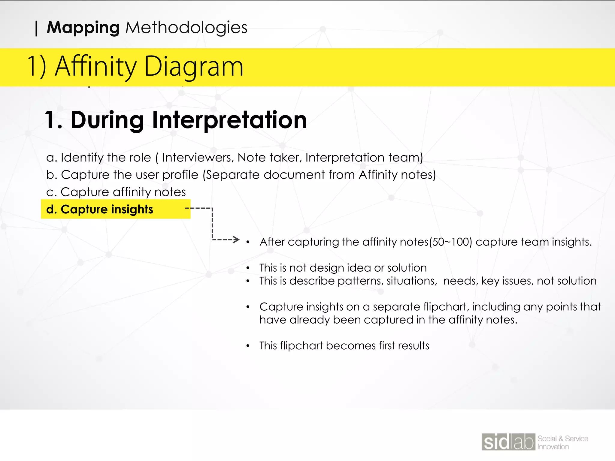 | Affinity Diagram1) Affinity Diagram
| Mapping Methodologies
1. During Interpretation
a. Identify the role ( Interviewers, Note taker, Interpretation team)
b. Capture the user profile (Separate document from Affinity notes)
c. Capture affinity notes
d. Capture insights
• After capturing the affinity notes(50~100) capture team insights.
• This is not design idea or solution
• This is describe patterns, situations, needs, key issues, not solution
• Capture insights on a separate flipchart, including any points that
have already been captured in the affinity notes.
• This flipchart becomes first results
 