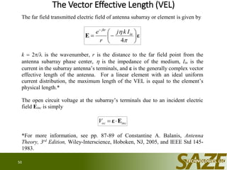 The Vector Effective Length (VEL)
50
The far field transmitted electric field of antenna subarray or element is given by
εE 









4
in
jkr
Ikj
r
e
k  2/ is the wavenumber, r is the distance to the far field point from the
antenna subarray phase center,  is the impedance of the medium, Iin is the
current in the subarray antenna’s terminals, and  is the generally complex vector
effective length of the antenna. For a linear element with an ideal uniform
current distribution, the maximum length of the VEL is equal to the element’s
physical length.*
The open circuit voltage at the subarray’s terminals due to an incident electric
field Einc is simply

  incocV Eε
*For more information, see pp. 87-89 of Constantine A. Balanis, Antenna
Theory, 3rd
Edition, Wiley-Interscience, Hoboken, NJ, 2005, and IEEE Std 145-
1983.
 