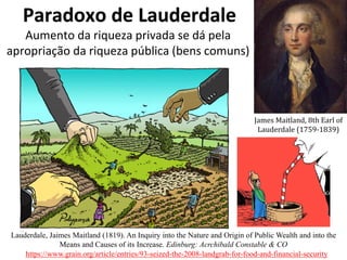 Paradoxo de Lauderdale
Aumento da riqueza privada se dá pela
apropriação da riqueza pública (bens comuns)
James Maitland, 8th Earl of
Lauderdale (1759-1839)
https://www.grain.org/article/entries/93-seized-the-2008-landgrab-for-food-and-financial-security
Lauderdale, Jaimes Maitland (1819). An Inquiry into the Nature and Origin of Public Wealth and into the
Means and Causes of its Increase. Edinburg: Acrchibald Constable & CO
 