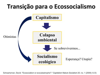 Transição para o Ecossocialismo
Capitalismo
Colapso
Socialismo
ecológico
Se sobrevivermos...
ambiental
Esperança? Utopia?
Schwartzman, David. "Ecosocialism or ecocatastrophe?." Capitalism Nature Socialism 20, no. 1 (2009): 6-33.
Otimistas
 
