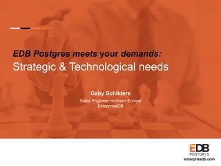 EDB Postgres meets your demands:
Strategic & Technological needs
enterprisedb.com
Gaby Schilders
Sales Engineer northern Europe
EnterpriseDB
 