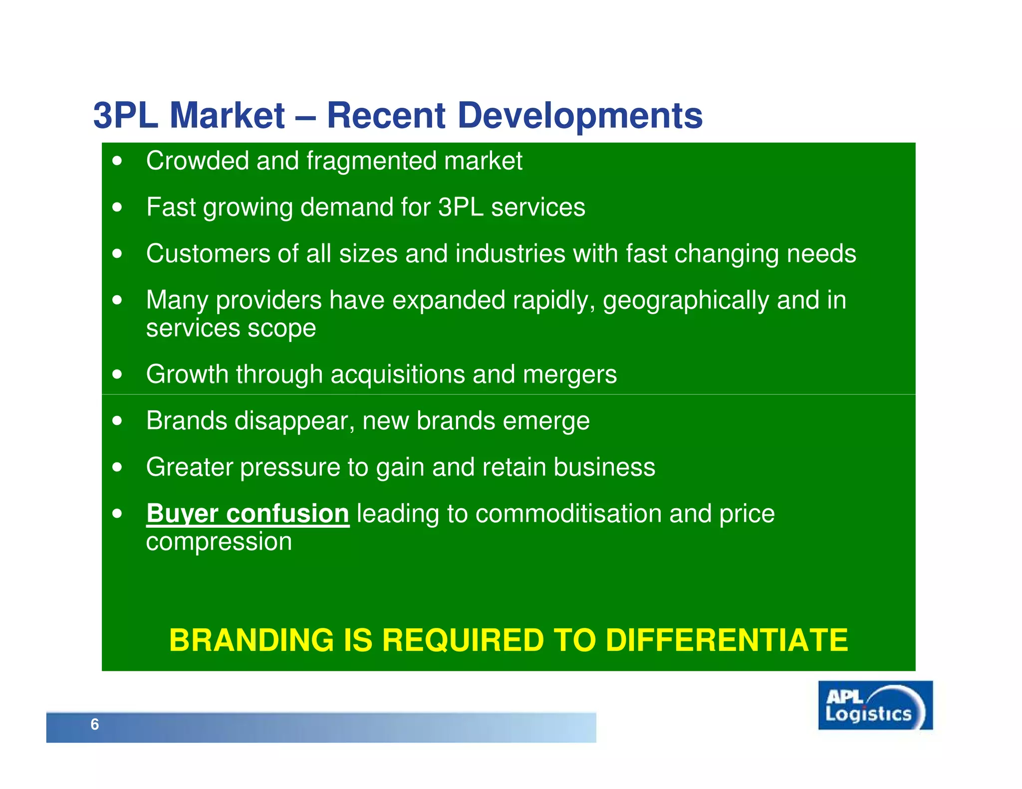 3PL Market – Recent Developments
    • Crowded and fragmented market
    • Fast growing demand for 3PL services
    • Customers of all sizes and industries with fast changing needs
    • Many providers have expanded rapidly, geographically and in
      services scope
    • Growth through acquisitions and mergers
    • Brands disappear, new brands emerge
    • Greater pressure to gain and retain business
    • Buyer confusion leading to commoditisation and price
      compression


        BRANDING IS REQUIRED TO DIFFERENTIATE

6
 