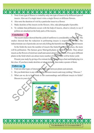 19
19
19
19
19
Free distribution by T.S. Government 2020-21
3. Note if one type of flower is visited by only one type of insect or by different types of
insects. Also see if a single insect visits a single flower or different flowers.
4. Also note the duration of visit by a particular insect to a flower.
5. Make sketches of the insects on the flowers. Also, take photographs if possible.
6. To validate that pollination occurs with the help of insects, observe closely to see if
pollens are attached on the body parts of the insects.
Conclusion
The recent studies showed that the yield of sunflower is considerably come down. The
studies showed that the reduction in pollinating insects is responsible for this. The
indiscriminate use of pesticides are not only killing the harmful ones but also useful insects
In the fields the more the number of insects like butterflies and honeybees, the more
will be pollination. The farmers grow Marrigold plants in fields of Mirchi. They attract
insects as the flowers of mirch are small and cannot attract more insects. If we grow different
plants in the field which can attract more number of insects there will be better yield.
Present your study by giving a five-minute lecture or making a chart and displaying it in
the class. If you have made sketches or taken pictures, then make a poster of them.
Follow-up
1. Find out other types of interactions that exist between plants and animals.
2. Do you think there is any relationship between insects and crop yielding ? Discuss ?
3. What can we do to have birds in our sourroundings and different insects in fields?
Discuss in your class.
S
C
E
R
T
T
E
L
A
N
G
A
N
A
 
